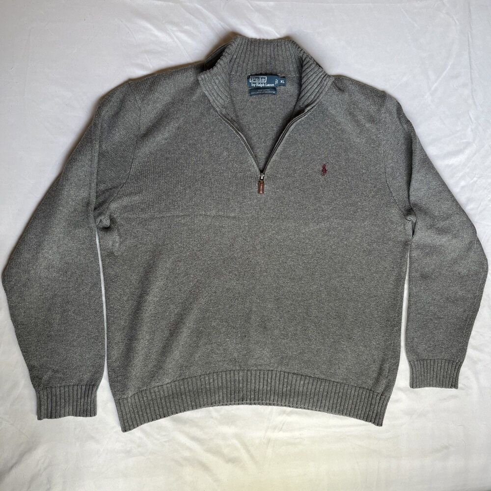 Polo Ralph Lauren Mens XL Gray Quarter Zip Cotton Sweater Red Pony Logo Preppy
